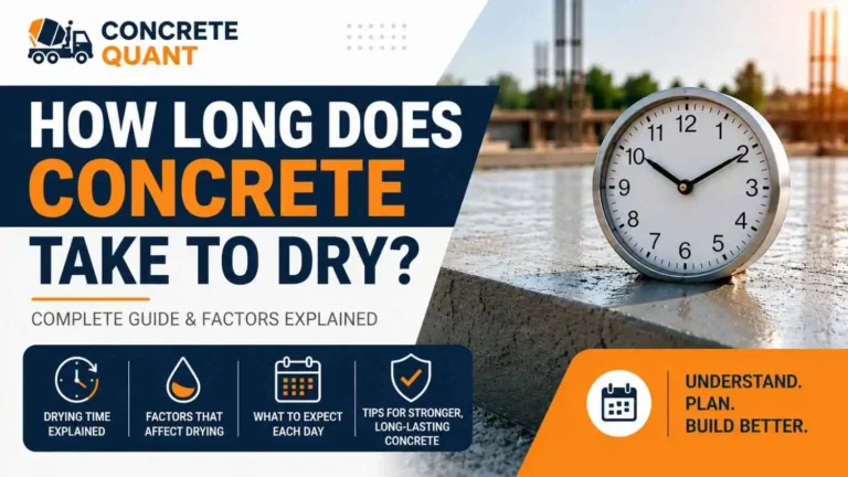 Infographic titled 'How Long Does Concrete Take to Dry?' with an image of a clock on concrete. Includes icons for drying time, factors, expectations, and tips. Tagline: 'Understand. Plan. Build Better.' The tone is informative and practical.