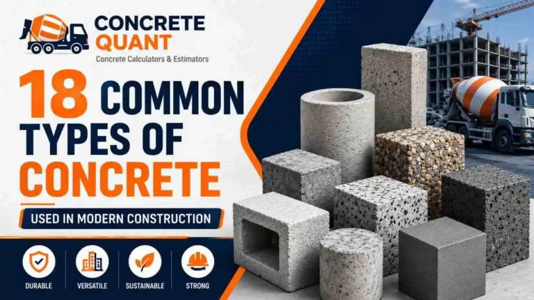 Graphic featuring architectural blocks with varied textures and a construction site in the background. Text: '18 Common Types of Concrete Used in Modern Construction.' Keywords include durable, versatile, sustainable, and strong.