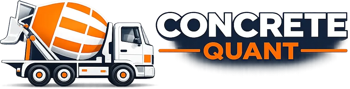 A white and orange cement mixer truck is on the left against a black background. To the right, bold text reads "CONCRETE QUANT" in white and orange.